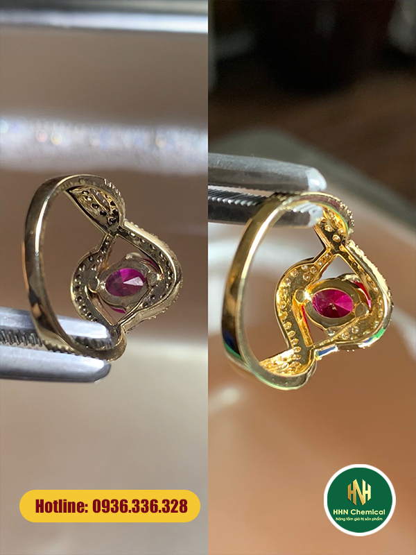 Nhẫn vàng đính đá ruby được làm sạch bóng sáng bằng Galvex 18.01 – giữ nguyên vẻ đẹp tinh xảo.